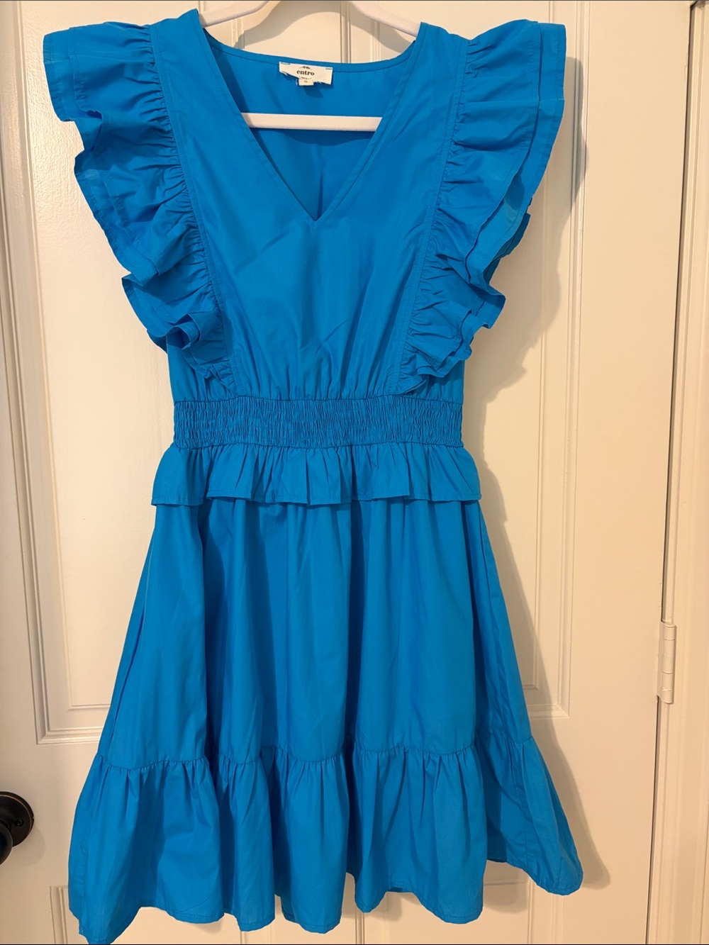 Entro Women’s  Bright Blue Ruffle V-Neck Dress
